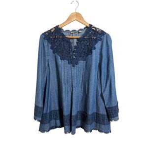 Holding Horses Women's Chambray Cotton Linen Embroidered Boho Blouse Size 12